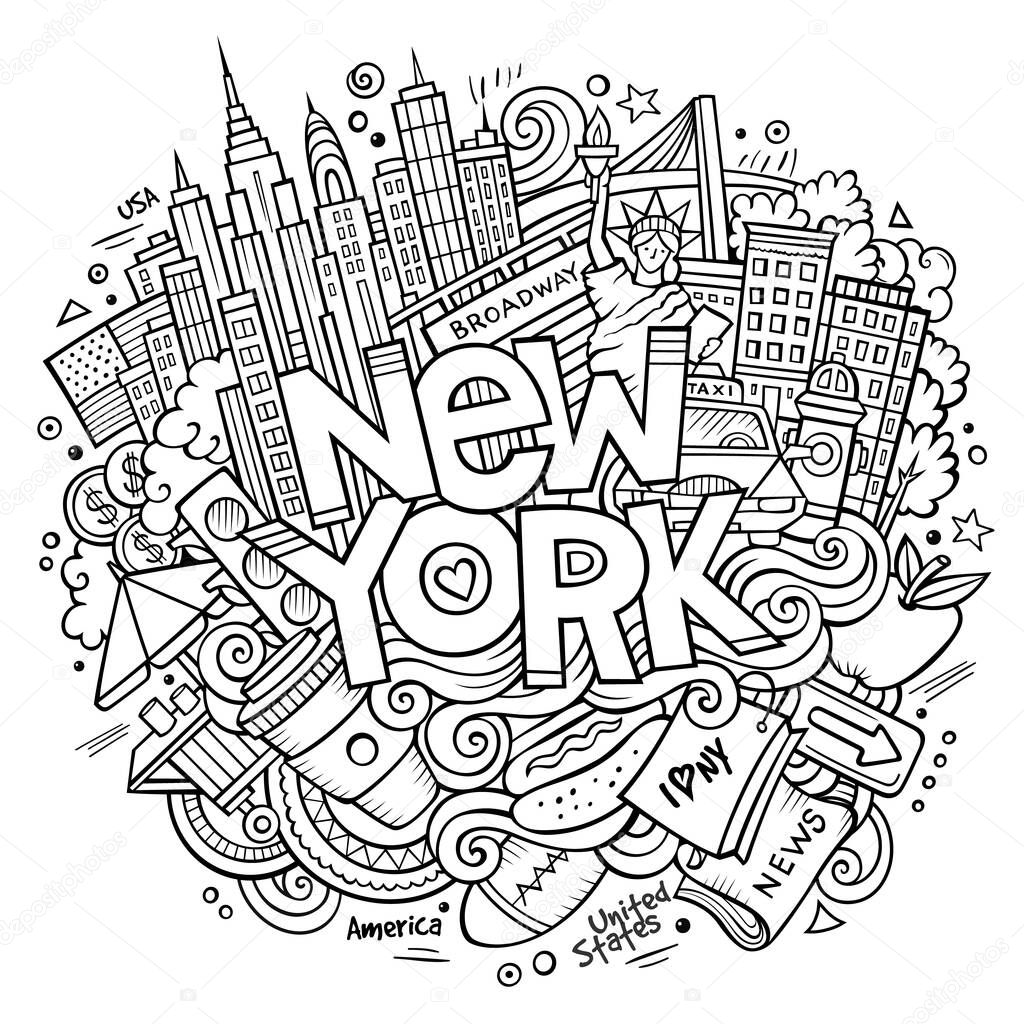 Cartoon cute doodles hand drawn New York inscription. Sketch illustration with american theme items. Line art detailed, with lots of objects background. Funny vector artwork