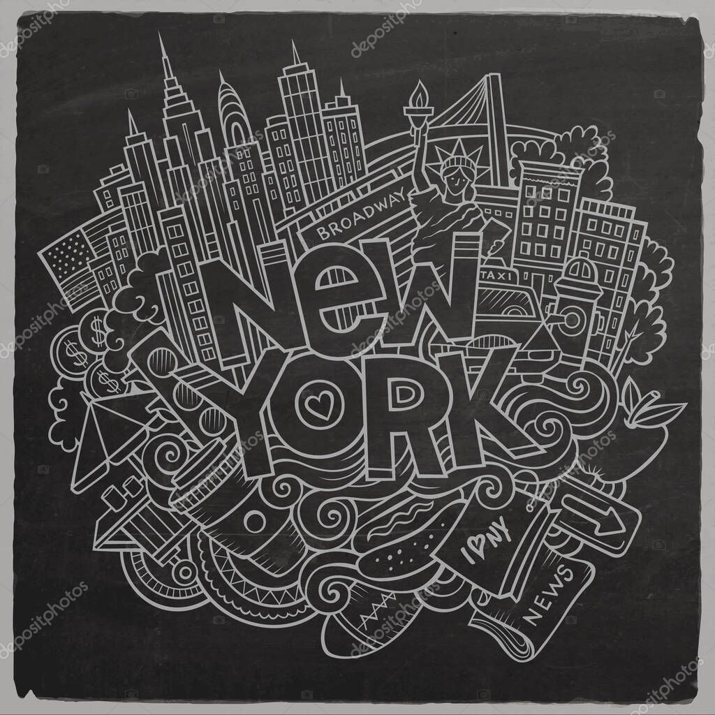 Cartoon cute doodles hand drawn New York inscription. Chalkboard illustration with american theme items. Line art detailed, with lots of objects background. Funny vector artwork