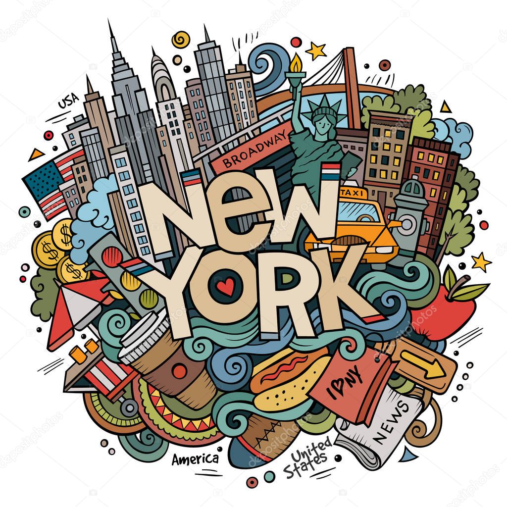 Cartoon cute doodles hand drawn New York inscription. Colorful illustration with american theme items. Line art detailed, with lots of objects background. Funny vector artwork