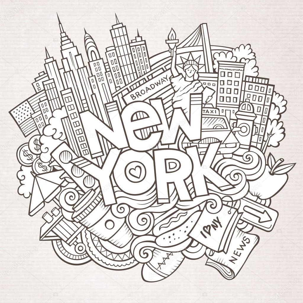 Cartoon cute doodles hand drawn New York inscription. Sketch illustration with american theme items. Line art detailed, with lots of objects background. Funny vector artwork