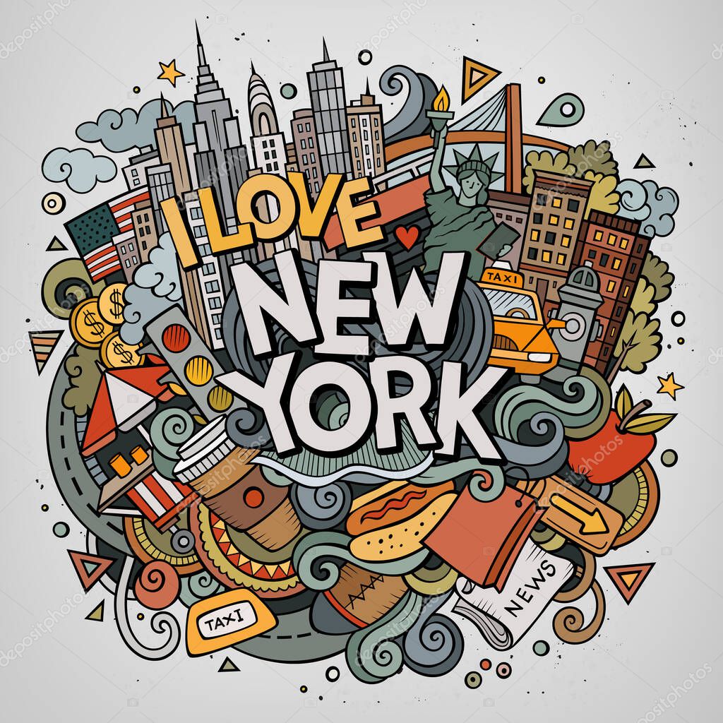 Cartoon cute doodles hand drawn New York inscription. Colorful illustration with american theme items. Line art detailed, with lots of objects background. Funny vector artwork