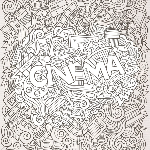 Desenhos Animados Doodles Bonito Mão Desenhada Inscrição Cinema Ilustração Com — Vetor de Stock