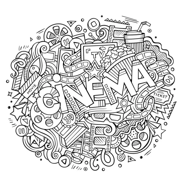 Desenhos Animados Doodles Bonito Mão Desenhada Inscrição Cinema Ilustração Esboçada — Vetor de Stock