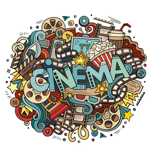 Kreskówka Cute Bazgroły Ręcznie Rysowane Napis Cinema Kolorowa Ilustracja Filmowymi — Wektor stockowy