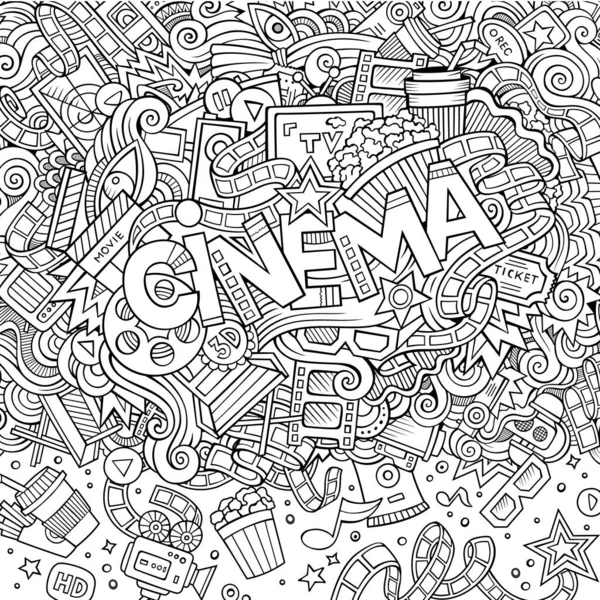 Cartoon Schattige Doodles Hand Getekend Cinema Inscriptie Illustratie Met Film — Stockvector