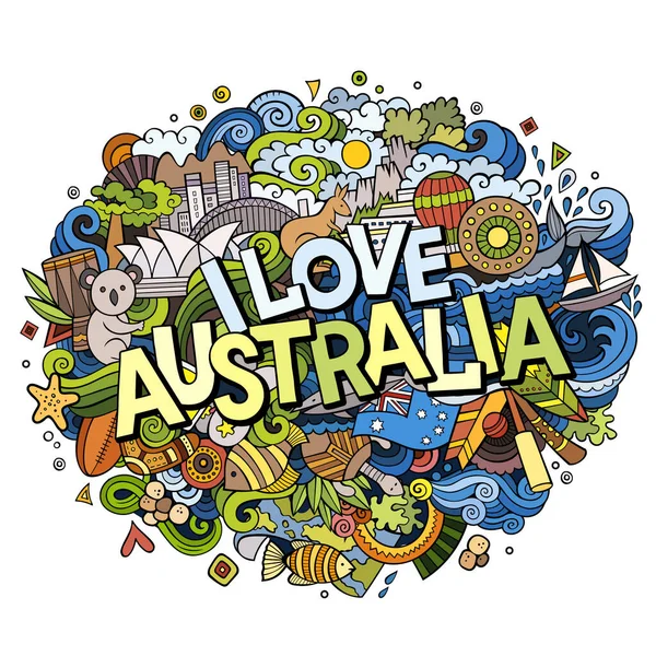 卡通可爱的涂鸦手绘我喜欢澳大利亚的题词 精彩的例证 线条艺术精细 有大量的对象背景 有趣的矢量艺术品 — 图库矢量图片