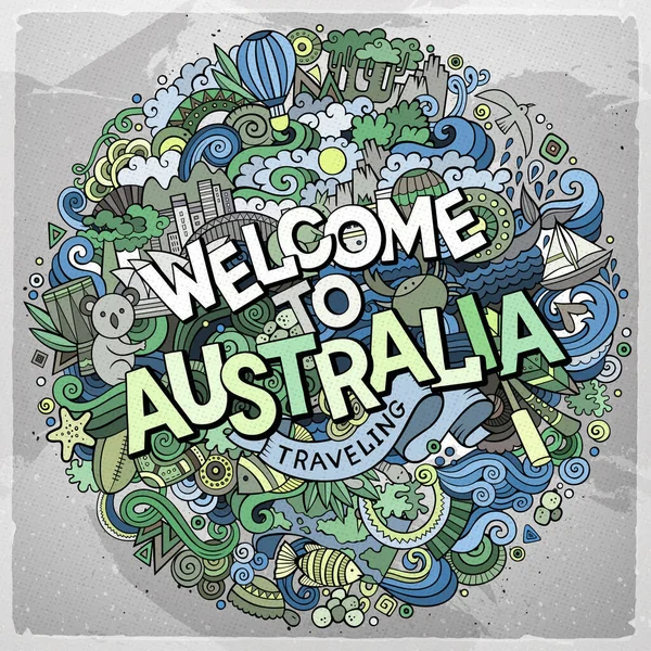 Tecknad Söt Klotter Handritade Välkommen Till Australien Inskription Färgstark Illustration — Stock vektor