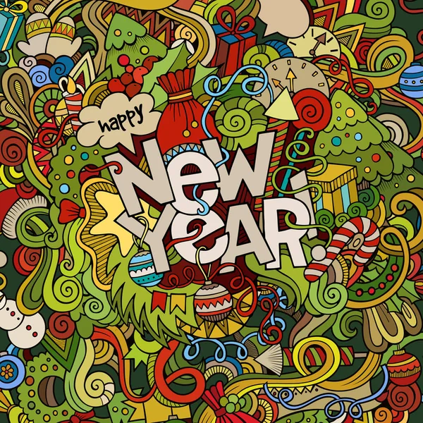 新年の手のレタリングや落書き要素の背景 ベクトルカラフルなイラスト — ストックベクタ