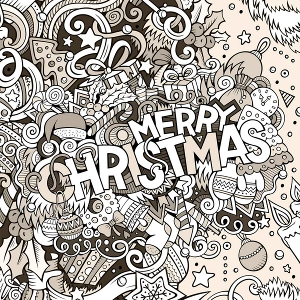 卡通可爱的涂鸦手绘圣诞快乐的插图 图片与新年主题项目 2017年涂鸦 线条艺术精细 有大量的对象背景 有趣的矢量艺术品 — 图库矢量图片