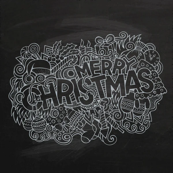 Vrolijk Kerstmis Met Hand Belettering Doodles Elementen Achtergrond Vector Krijtbord — Stockvector