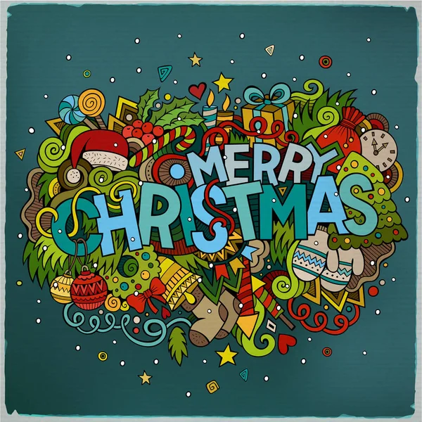 メリークリスマスの手のレタリングや落書き要素の背景 ベクトルカラフルなイラスト — ストックベクタ