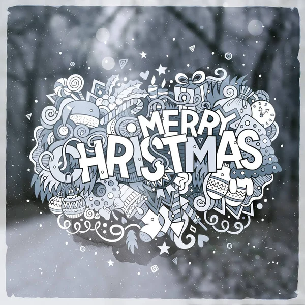 Merry Christmas Hand Lettering Doodles Elements Vector Illustration Blurred Nature — Stock Vector