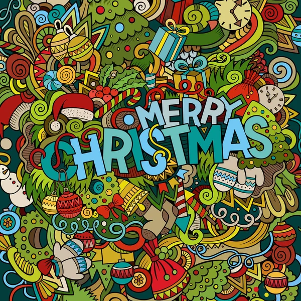 Buon Natale Lettering Mano Doodles Elementi Sfondo Illustrazione Colorata Vettoriale — Vettoriale Stock