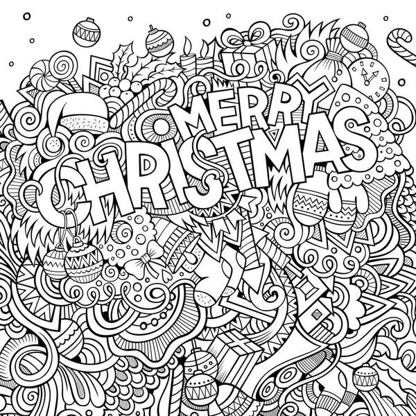 Joyeux Noël Lettrage Main Éléments Gribouillis Fond Illustration Schématique Vectorielle — Image vectorielle