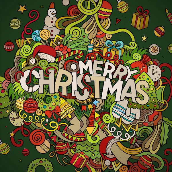 Buon Natale Lettering Mano Doodles Elementi Sfondo Illustrazione Colorata Vettoriale — Vettoriale Stock