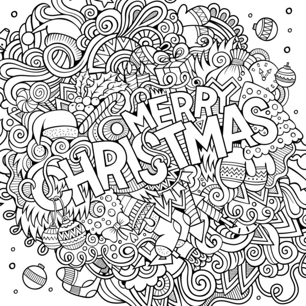 Frohe Weihnachten Hand Schriftzug Und Kritzeleien Elemente Hintergrund Vektorskizzenhafte Illustration — Stockvektor