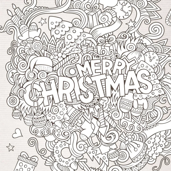 Buon Natale Lettering Mano Doodles Elementi Sfondo Illustrazione Schematica Vettoriale — Vettoriale Stock