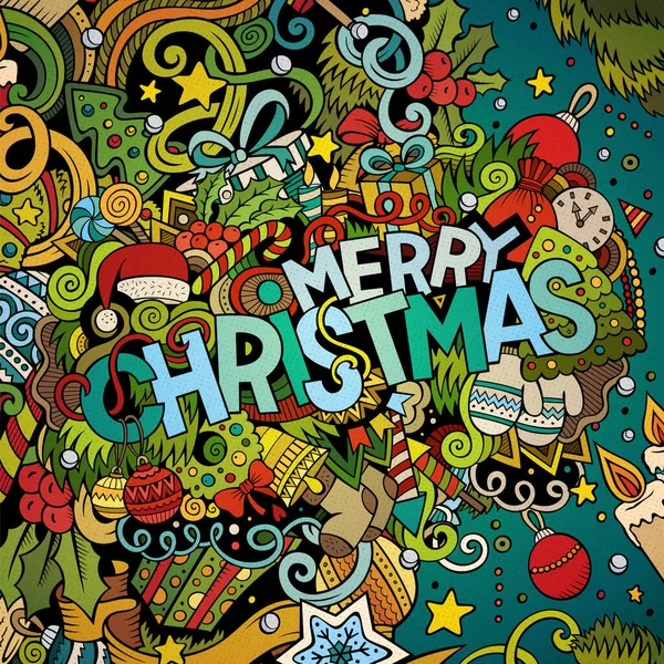 卡通可爱的涂鸦手绘圣诞快乐的插图 图片与新年主题项目 2017年涂鸦 色彩斑斓的细节 有大量的对象背景 有趣的矢量艺术品 — 图库矢量图片#