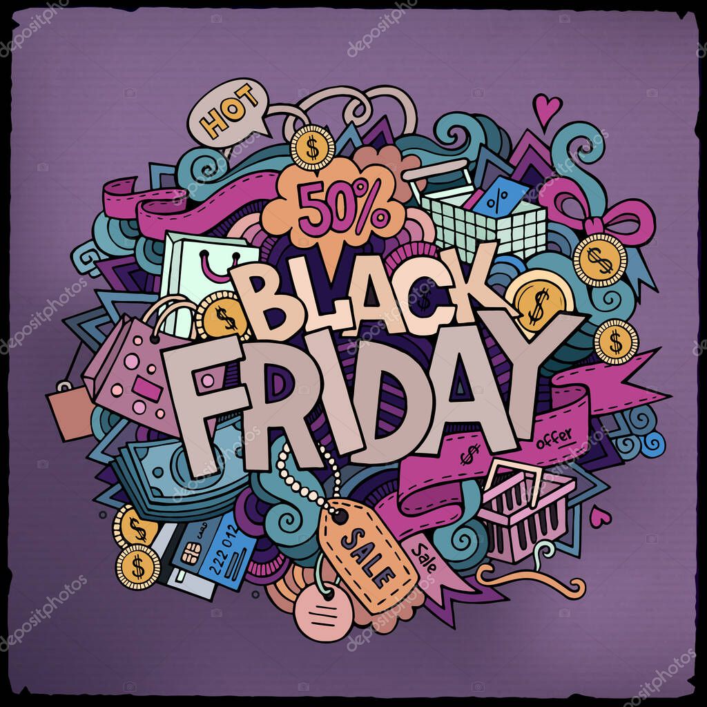 Black Friday sale hand lettering and doodles elements and symbols background. Vector hand drawn illustration