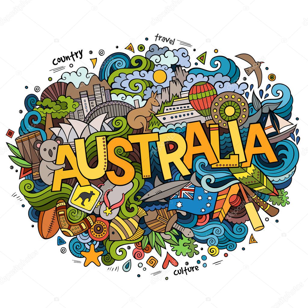 Australia country hand lettering and doodles elements and symbols background. Vector hand drawn sketchy illustration