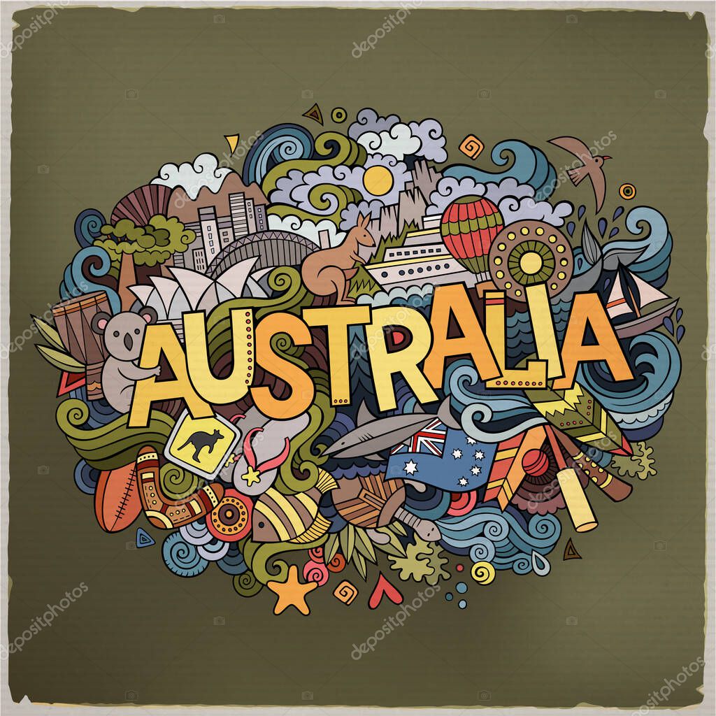 Australia country hand lettering and doodles elements and symbols background. Vector hand drawn sketchy illustration