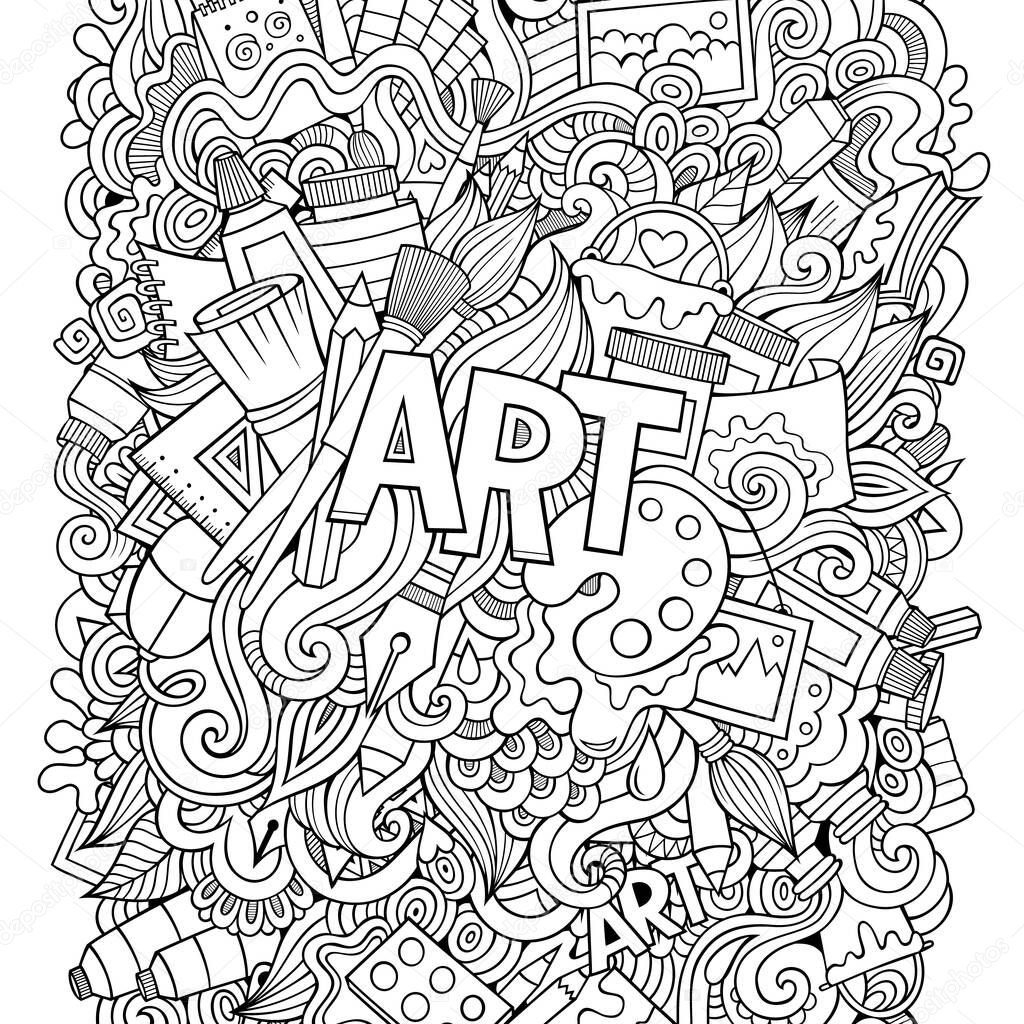 Cartoon cute doodles hand drawn illustration. Bright colors picture with artistic theme items. Doodle inscription Art. Sketchy detailed, with lots of objects background. Funny vector artwork.