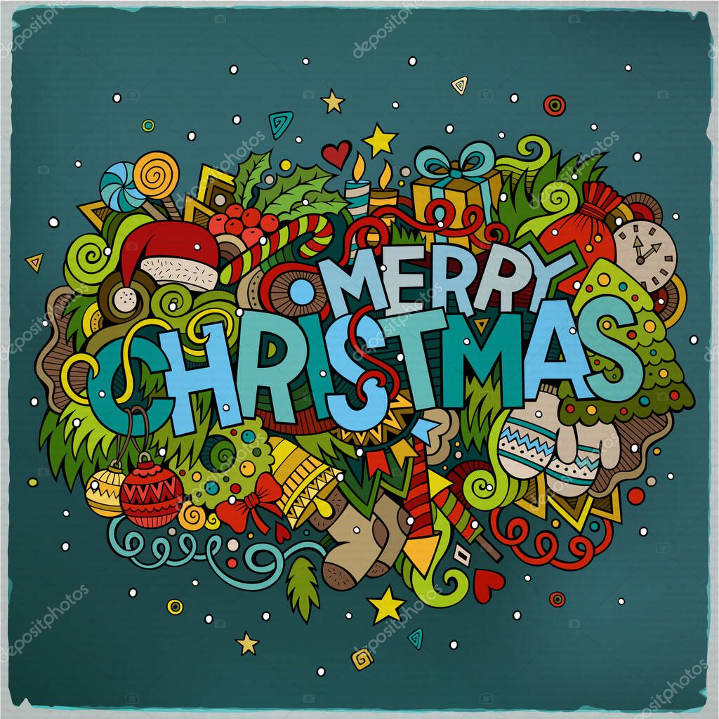 Merry Christmas hand lettering and doodles elements background. Vector colorful illustration
