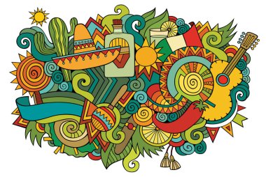 Mexico hand drawn cartoon doodles illustration. Funny travel design. Creative art vector background. Mexican symbols, elements and objects. Colorful composition clipart