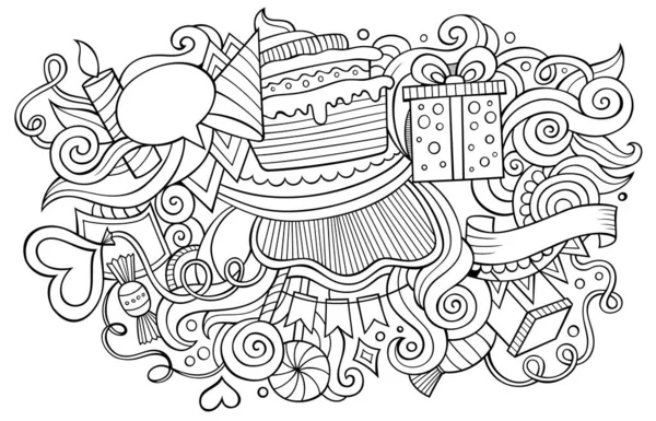 Χέρι Γενεθλίων Ζωγραφισμένα Κινούμενα Σχέδια Doodles Εικόνα Αστείο Σχέδιο Διακοπών — Διανυσματικό Αρχείο