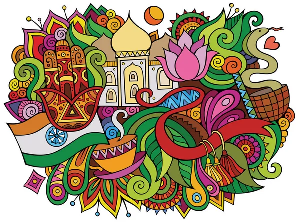 印度手绘漫画涂鸦插图 有趣的旅行设计 创意艺术载体背景 印度的符号 元素和物体 色彩斑斓的作品 — 图库矢量图片