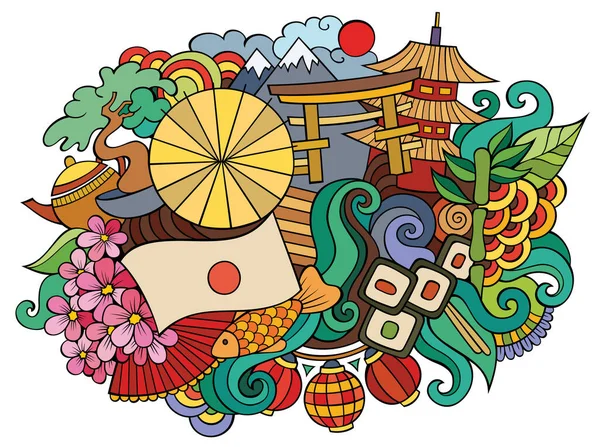 日本手绘漫画涂鸦插图 有趣的旅行设计 创意艺术载体背景 日本的符号 元素和物体 色彩斑斓的作品 — 图库矢量图片