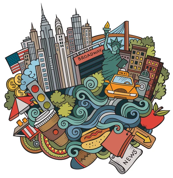 Cartone Animato Carino Scarabocchi Disegnati Mano Benvenuti New York Illustrazione — Vettoriale Stock