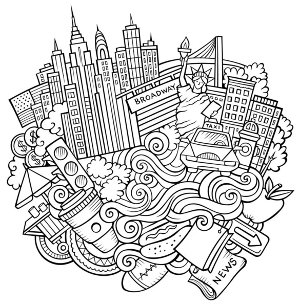 漫画かわいいドアの手を描いたニューヨークのイラストへようこそ スケッチの詳細は 多くのオブジェクトの背景と 面白いベクターアートワーク — ストックベクタ