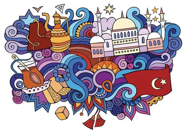 トルコ手描きの漫画の落書きイラスト 面白い旅行デザイン 創造的なアートベクトルの背景 トルコのシンボル オブジェクト カラフルな構図 — ストックベクタ