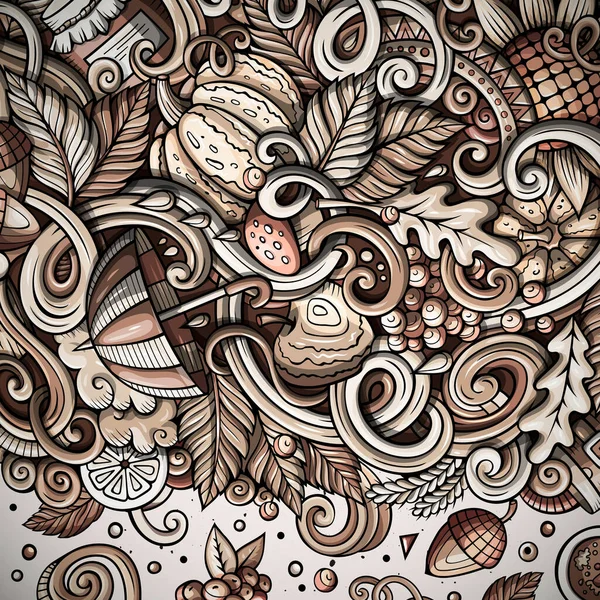 卡通可爱的涂鸦手绘秋装设计 单色详细 有大量的对象背景 有趣的光栅插图 图形边框与秋季主题项目 — 图库照片