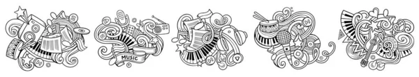 Musica Cartone Animato Raster Doodle Disegni Set Composizioni Dettagliate Schizzinose — Foto Stock