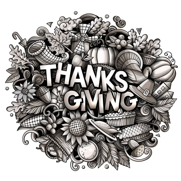 Happy Thanksgiving Tangan Digambar Kartun Corat Coret Ilustrasi Objek Lucu — Stok Foto