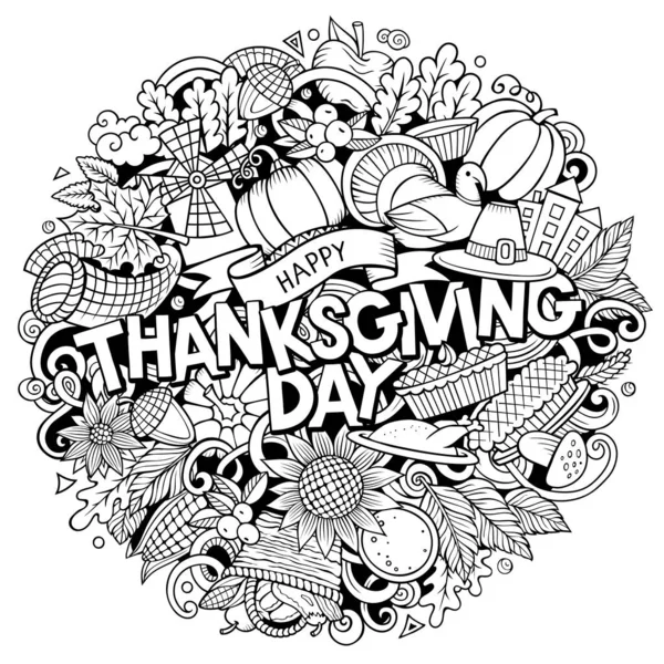 Happy Thanksgiving Mão Desenhada Desenho Animado Doodles Ilustração Feriado Objetos — Fotografia de Stock