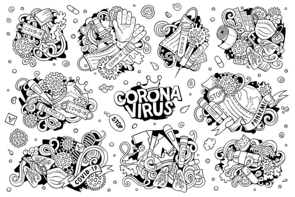 Sketchy Raster Mão Desenhado Doodles Cartoon Conjunto Combinações Coronavirus Objetos — Fotografia de Stock