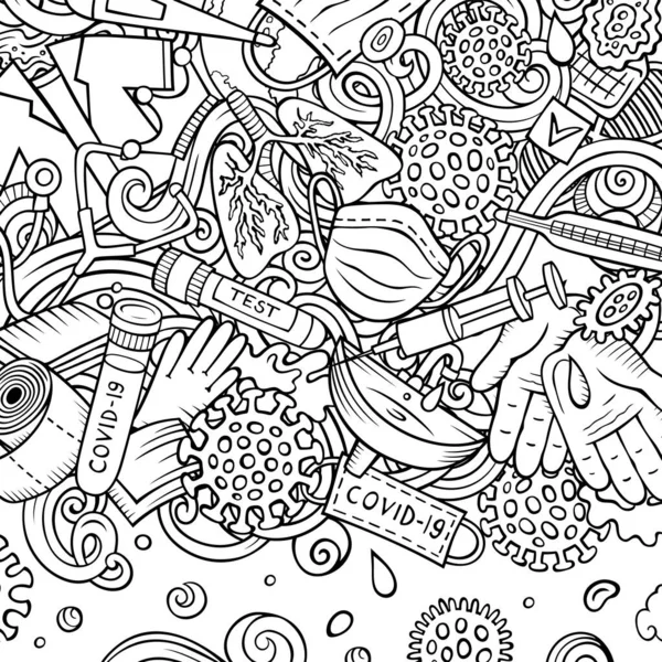 Koronavirus Ručně Kreslený Rastrové Čmáranice Hranice Mnoho Prvků Objektů Karikatura — Stock fotografie