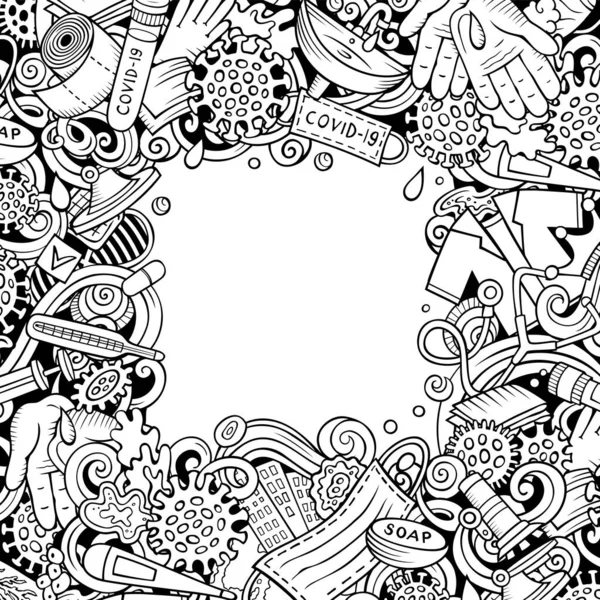 Coronavirus Handgezeichnete Raster Doodles Grenzen Ein Viele Elemente Und Objekte — Stockfoto