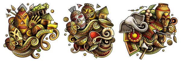 África Dibujos Animados Raster Doodle Diseños Conjunto Coloridas Composiciones Detalladas —  Fotos de Stock