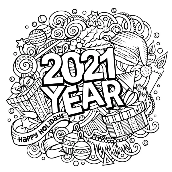 2021 Ζωγραφισμένα Στο Χέρι Doodles Εικόνα Αντικείμενα Της Πρωτοχρονιάς Και — Φωτογραφία Αρχείου