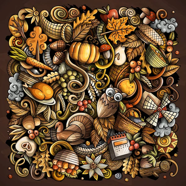 Cartoon Digital Doodles Happy Thanksgiving Day Illustration Colorful Detailed Lots — Stock Photo, Image