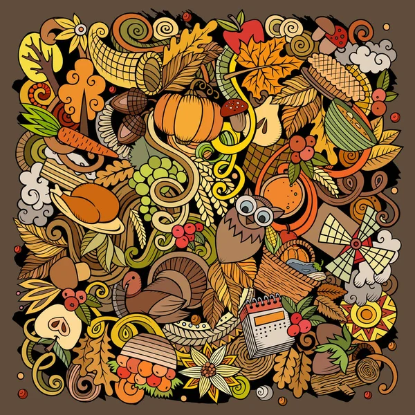 Cartoon Digital Doodles Happy Thanksgiving Day Illustration Colorful Detailed Lots — Stock Photo, Image