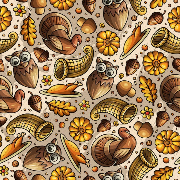 Cartoon cute hand drawn Thanksgiving seamless pattern. Colorful detailed, with lots of objects background. Endless funny digital illustration. Bright colors backdrop with autumn items.
