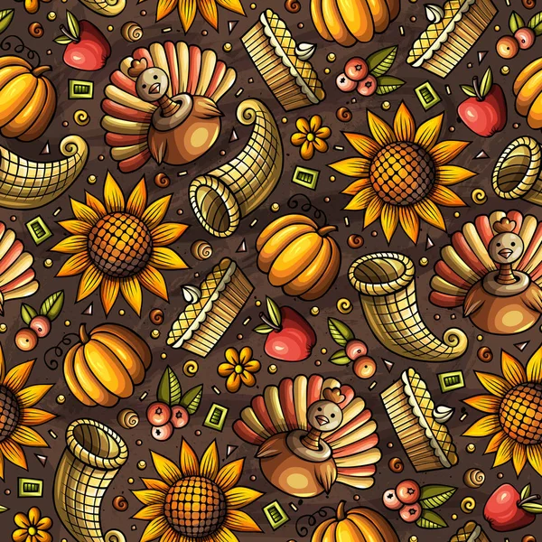 Cartoon Cute Hand Drawn Thanksgiving Seamless Pattern Colorful Detailed Lots — Stock Photo, Image