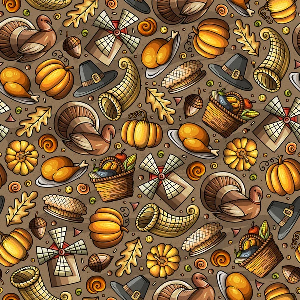 Cartoon cute hand drawn Thanksgiving seamless pattern. Colorful detailed, with lots of objects background. Endless funny digital illustration. Bright colors backdrop with autumn items.