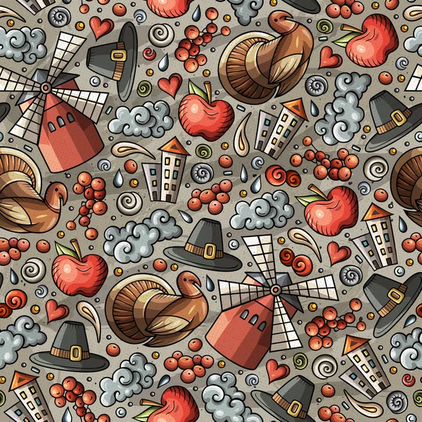 Cartoon Cute Hand Drawn Thanksgiving Seamless Pattern Colorful Detailed Lots — Stock Photo, Image