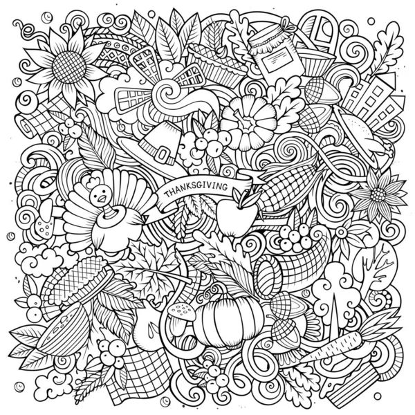 Cartoon digital doodles Happy Thanksgiving Day illustration. Sketchy, detailed, with lots of objects background. All objects separate. Line art funny picture